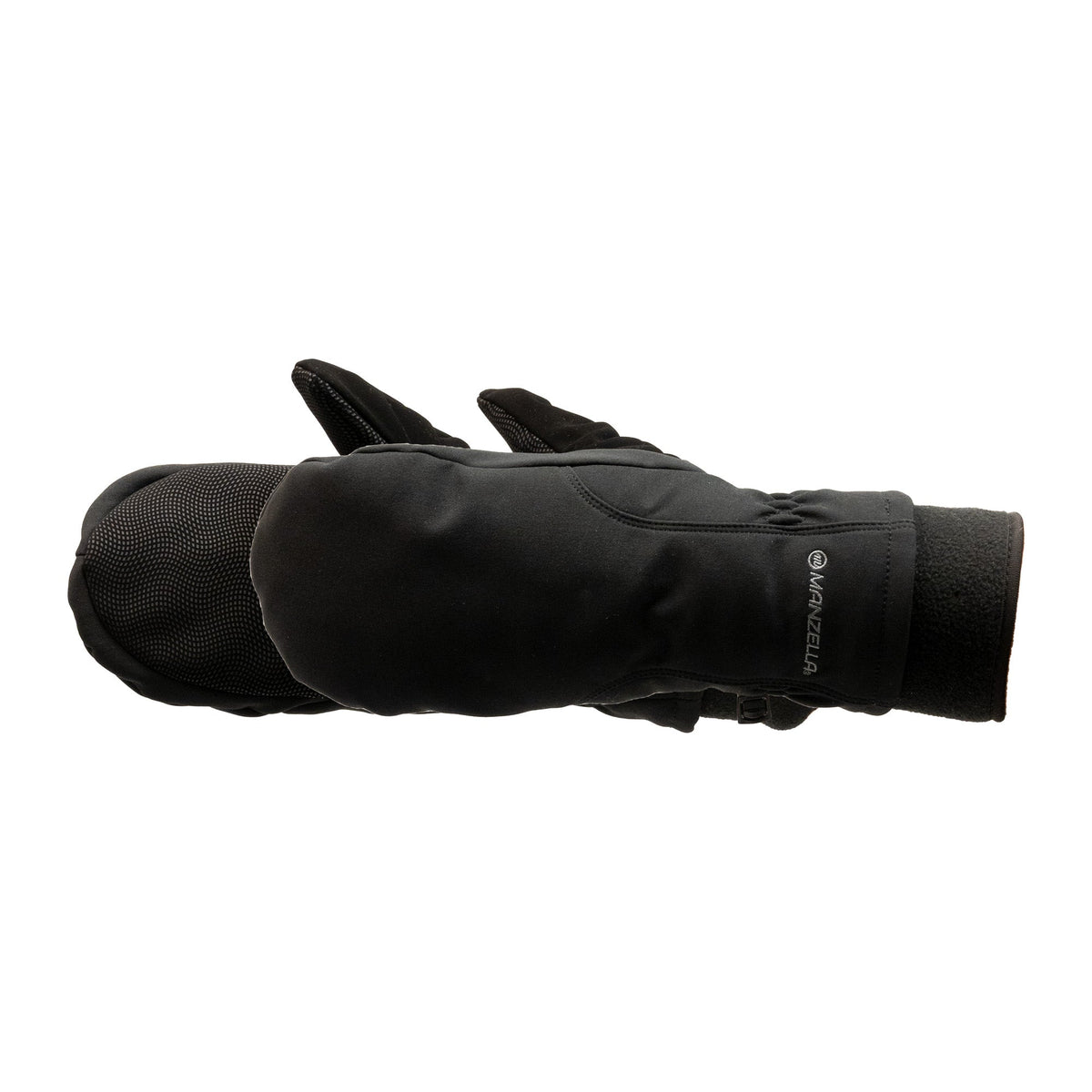 Women's Explorer Polartec Windbloc mitten by Manzella, showing insulated sport glove with adjustable wrist strap and textured grip.
#color_black