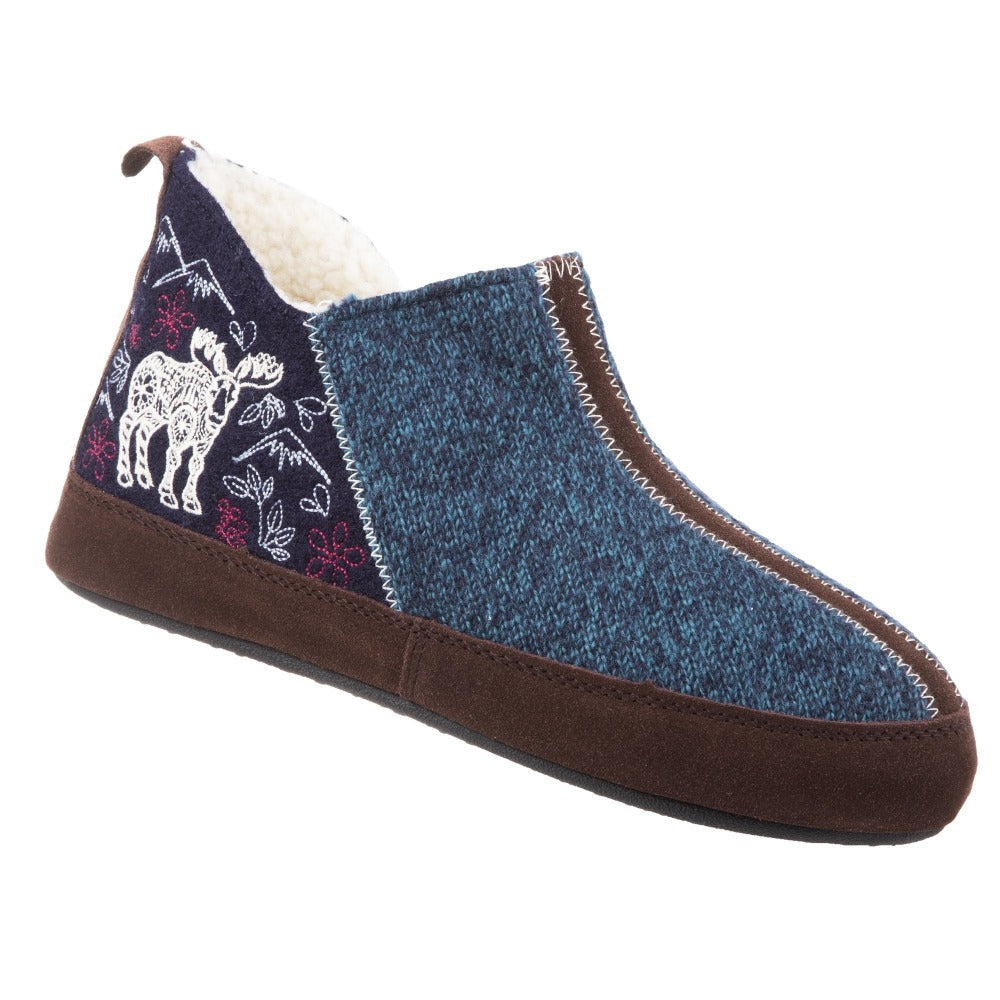 Women's Forest Bootie Slippers in Navy Moose Right Angled View#color_navy-moose