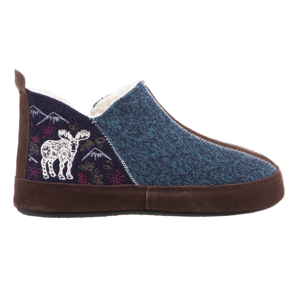 Women's Forest Bootie Slippers in Navy Moose Profile#color_navy-moose