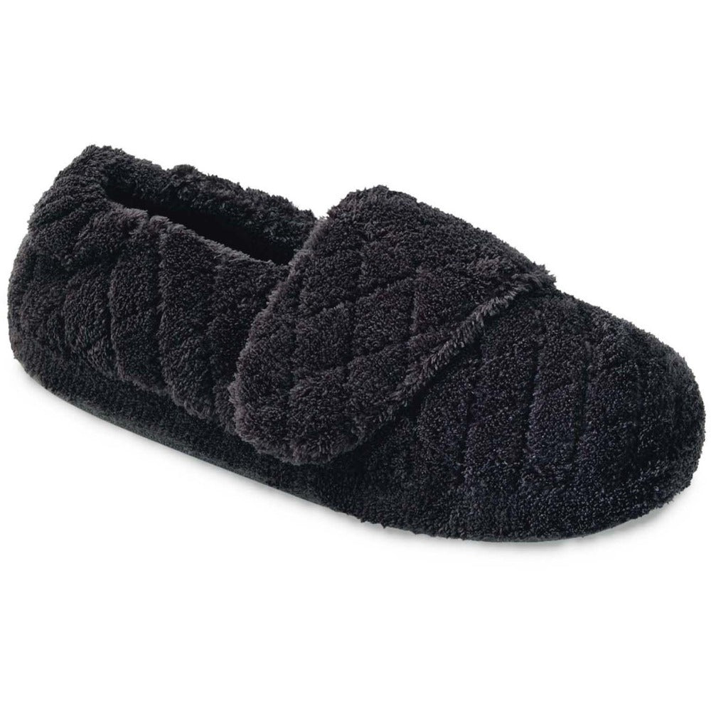 Women's Adjustable Spa Wrap Slippers in Black Right Angled View#color_black