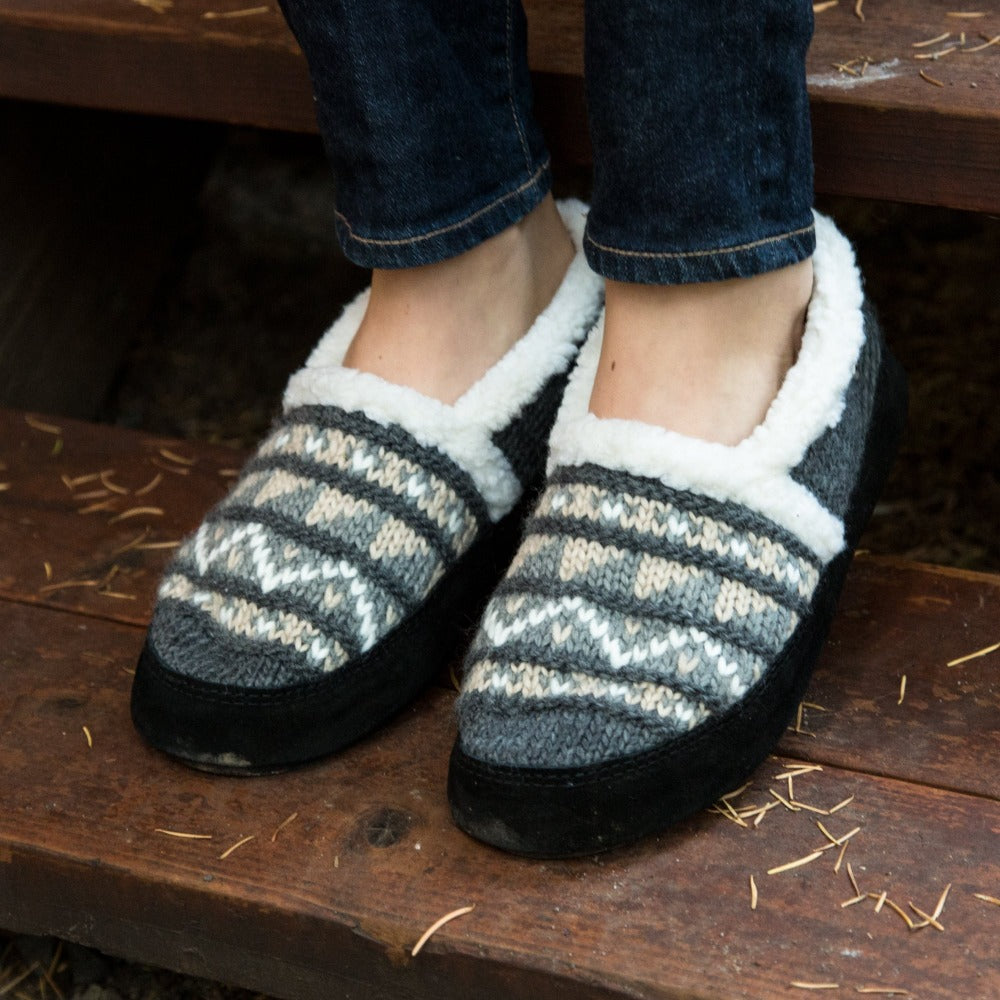 Women's Nordic Moccasins on figure standing on wooden steps outside#color_nordic-grey