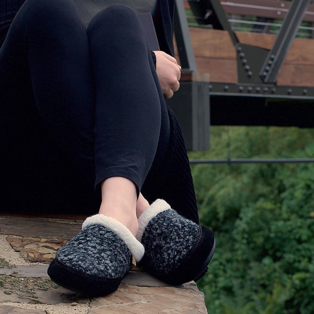 Women's Jam Mule Slippers on figure sitting on ledge of rock by train tracks

#color_boysenberry