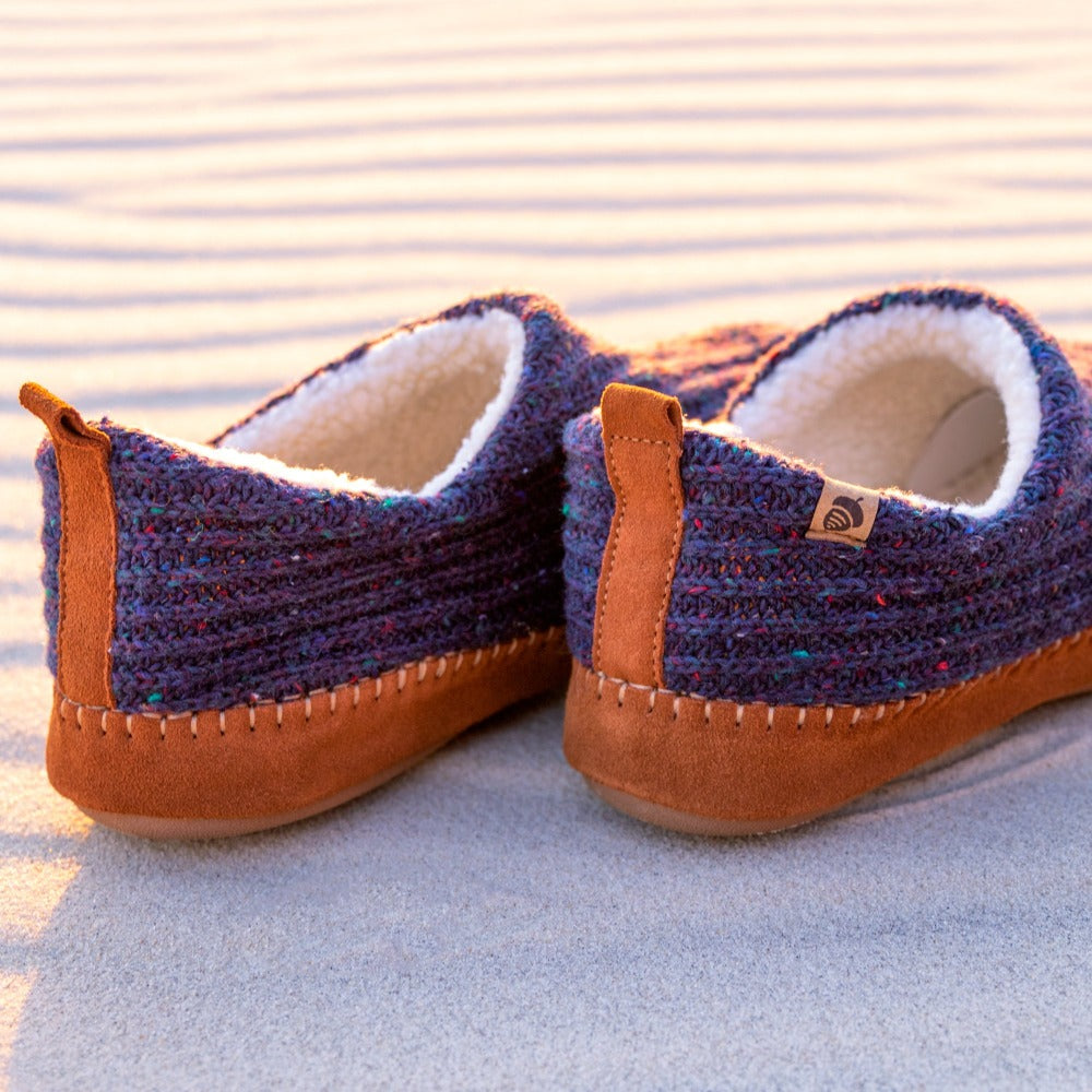 Men's Recycled Camden Moccasins in navy sitting on sandy beach under the sun#color_navy