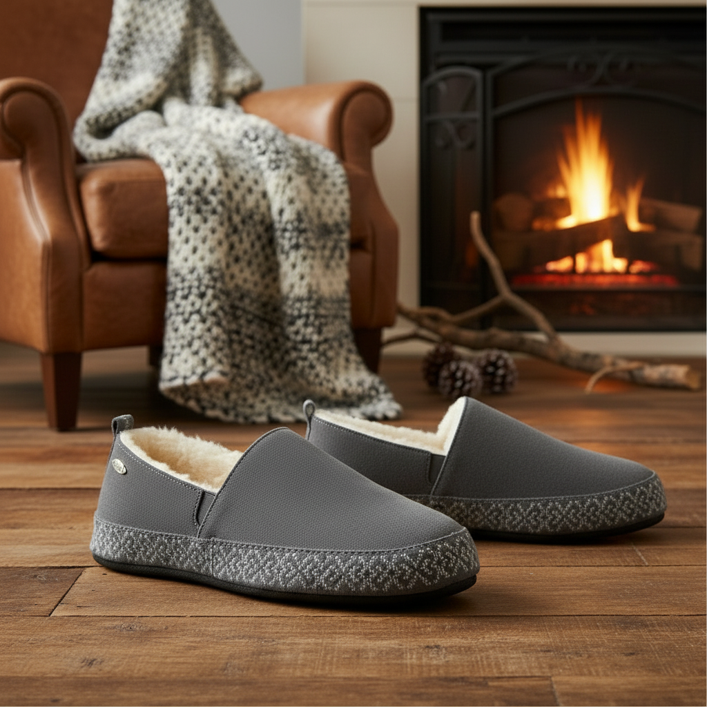 Men's Acorn Granger Moccasin slipper shown in a cozy lifestyle setting with soft fabric and casual slip-on design.

#color_mineral