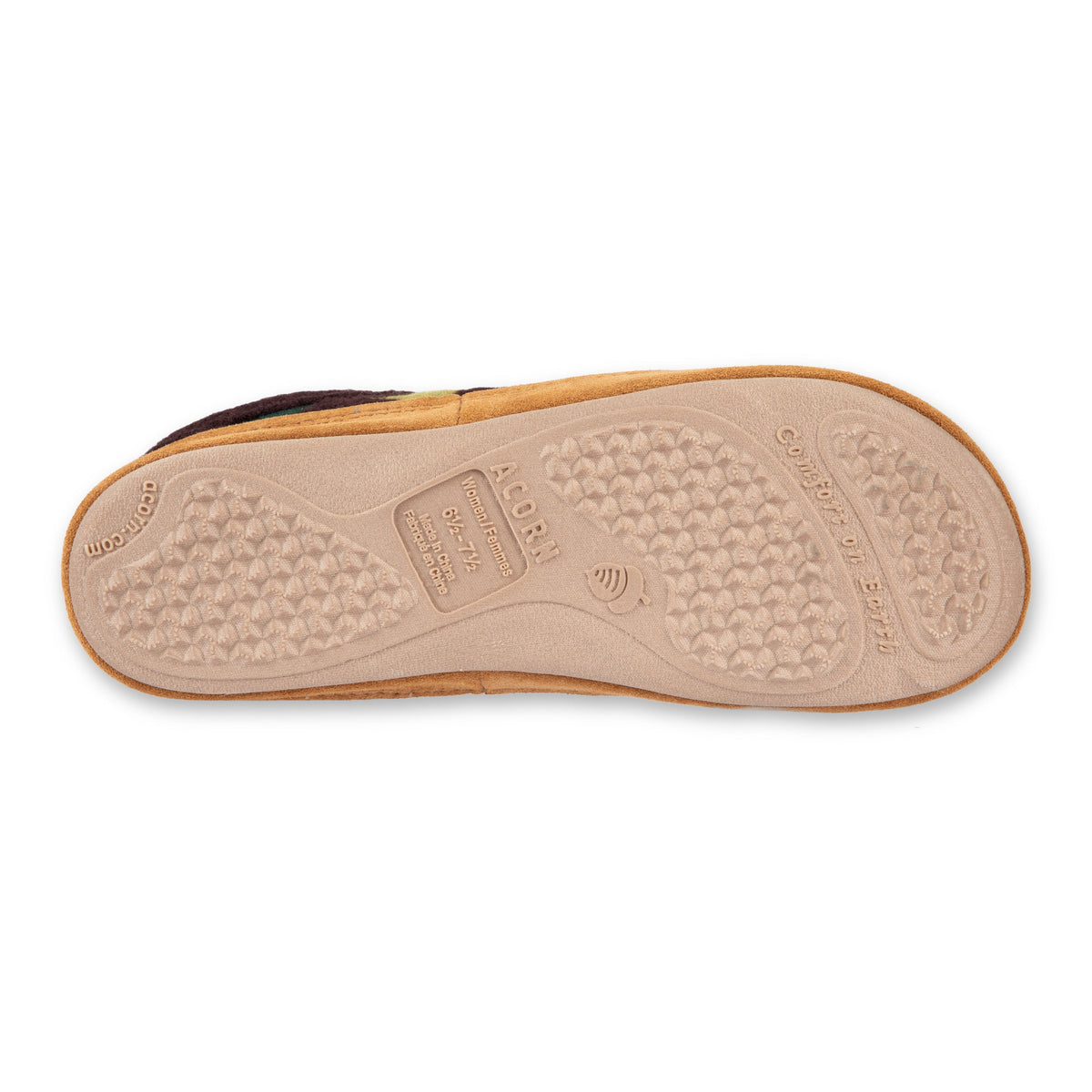 The outsole of a tan suede shoe shown from a top-down view on a white background, featuring a textured tread pattern and a central brand label.

#color_brown
