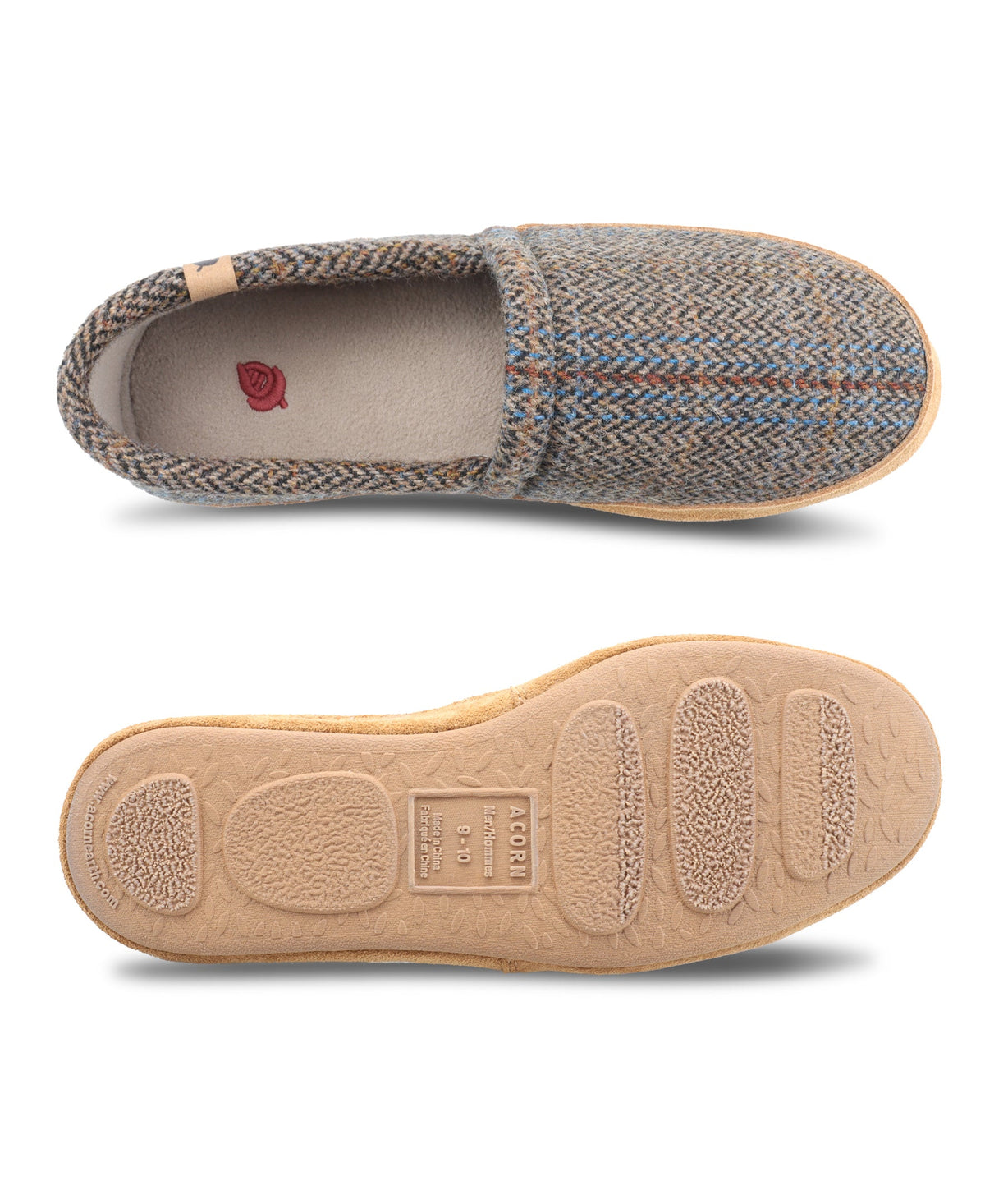 Men's Acorn plaid tweed moccasin in taupe, showcasing seasonal footwear with a comfortable slip-on design and classic style.

#color_taupe