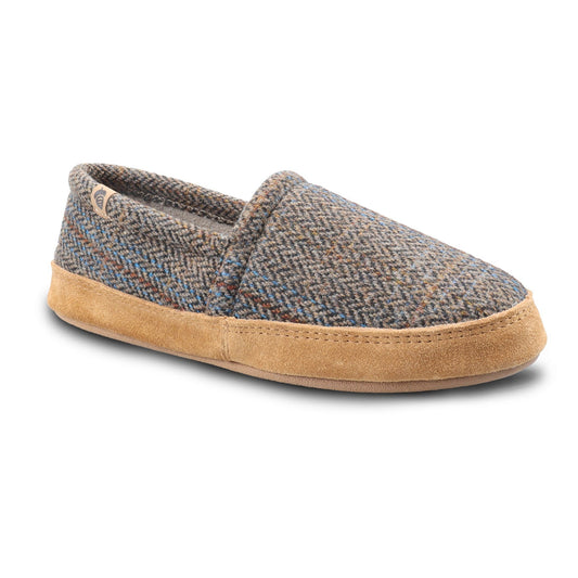 Men's Acorn plaid tweed moccasin shoe showing taupe patterned fabric, casual slip-on footwear for seasonal wear.

#color_taupe