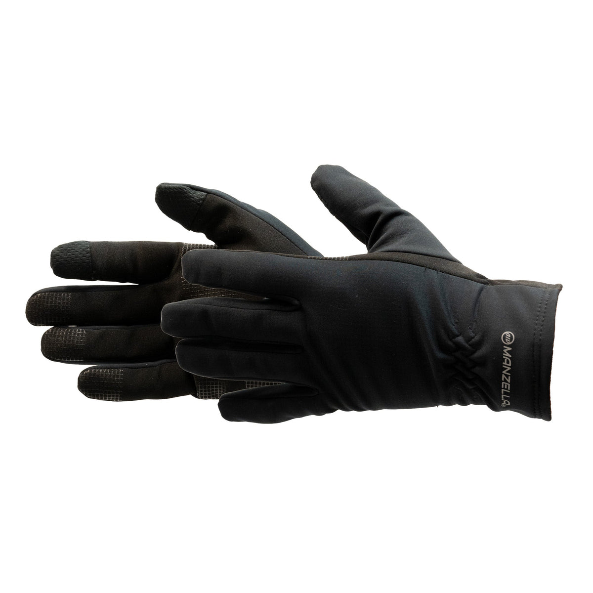 Men's Manzella Intrepid Polartec Windbloc sport gloves in black, featuring a snug fit and windproof insulation for cold weather.
#color_black