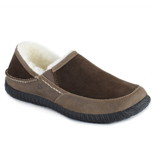 Acorn Men's Rambler Moccasin in Chocolate Profile View#color_chocolate