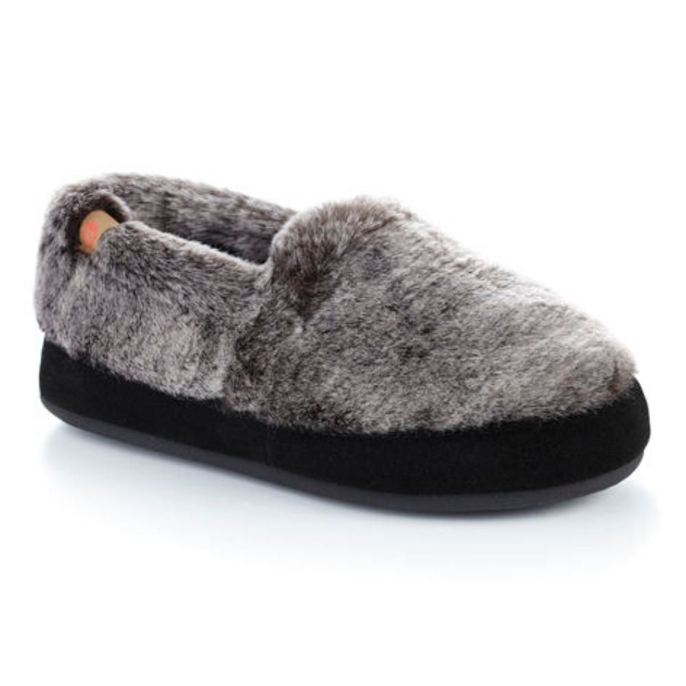 Women's Acorn Moc in Charcoal Faux Fur Side View#color_charcoal-faux-fur